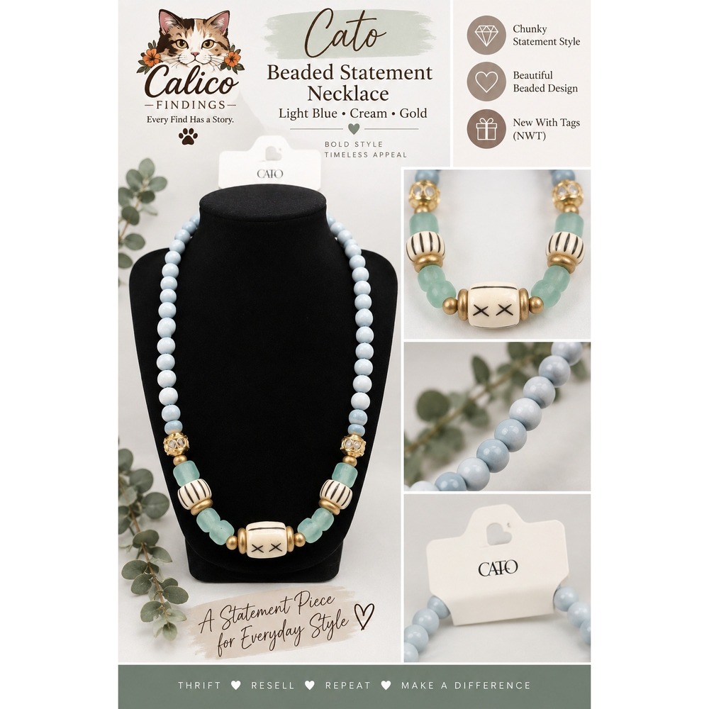 Cato Light Blue Cream Gold Beaded Chunky Statement Necklace NWT